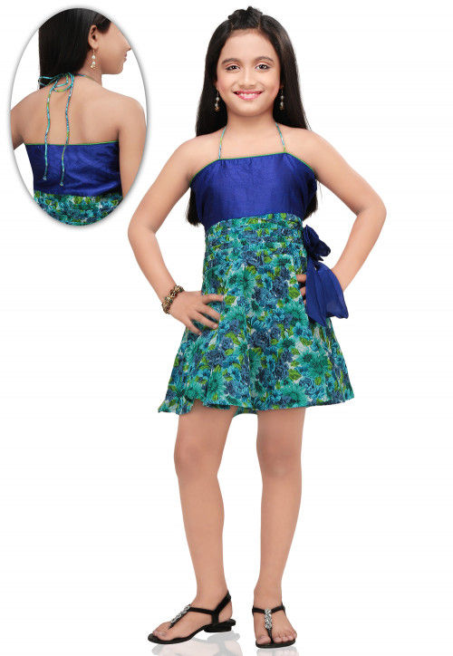 Printed Cotton and Dupion Dress in Blue