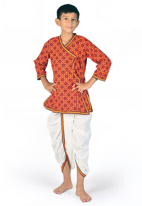 Babyhug 100% Cotton Woven Full Sleeves Kurta With Dhoti Angarakha Print - Navy Blue & White