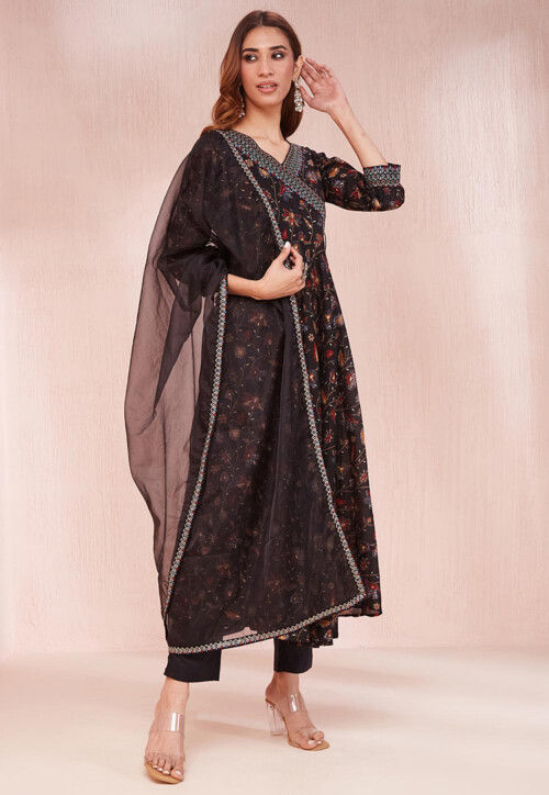 Buy Printed Cotton Angrakha Style A Line Suit in Black Online KBNQ5037 Utsav Fashion