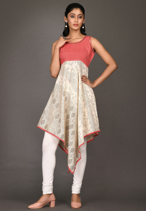 Buy Printed Cotton Asymmetric Kurti in Light Beige Online TUF1510 Utsav Fashion