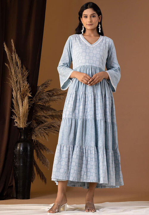 cotton cambric dress Buy Printed Cotton Cambric Tiered Kurta in Grey Online : THQ34