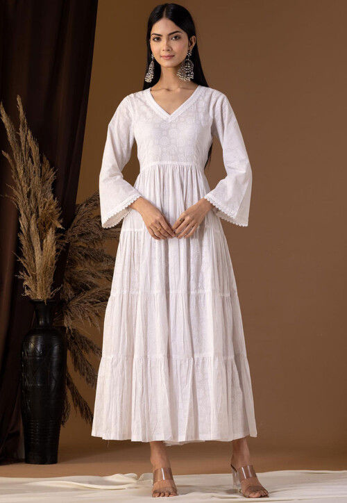 Printed Cotton Cambric Tiered Kurta in Off White