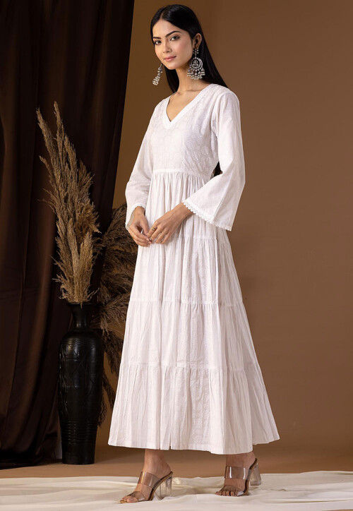 Printed Cotton Cambric Tiered Kurta in Off White
