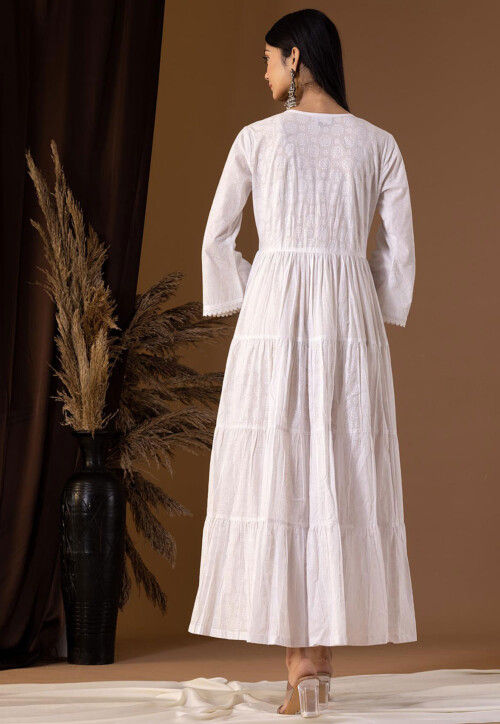 Printed Cotton Cambric Tiered Kurta in Off White