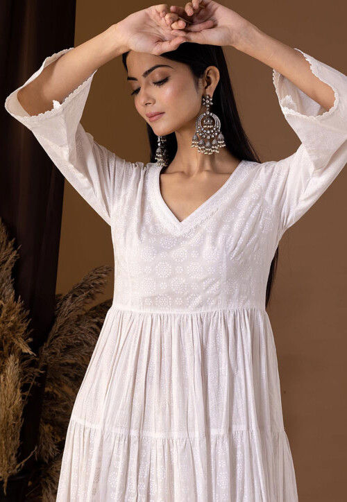 Printed Cotton Cambric Tiered Kurta in Off White