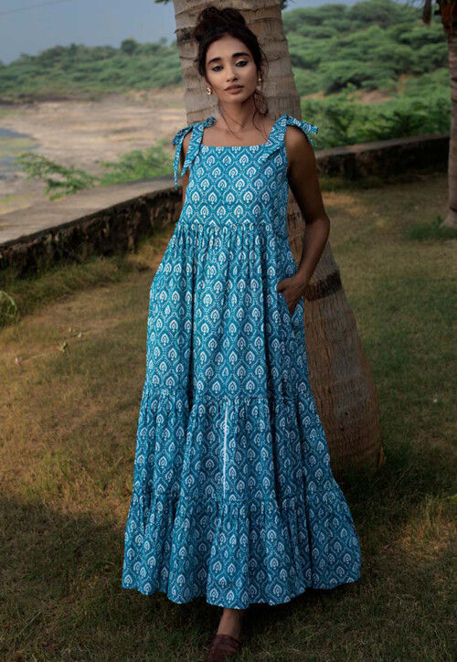Printed Cotton Cambric Tiered Maxi Dress in Blue