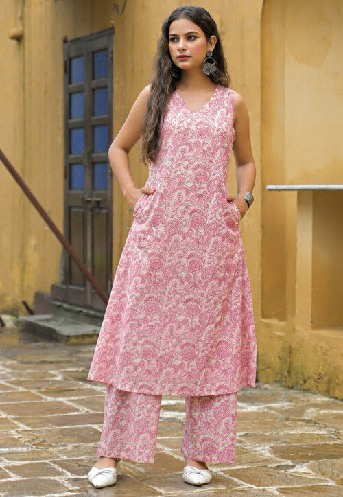 Printed Cotton Co Ord Set in Pink