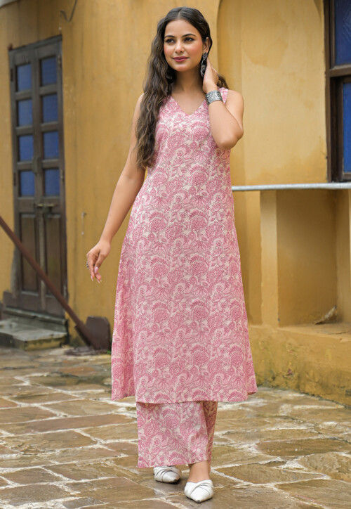 Printed Cotton Co Ord Set in Pink