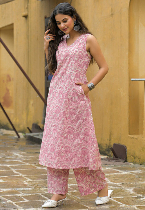 Printed Cotton Co Ord Set in Pink