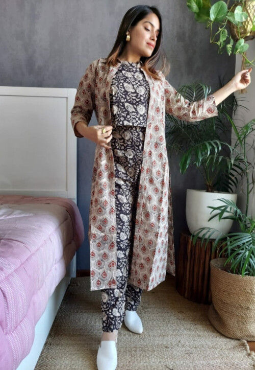 Printed Cotton Co Ord Set with Jacket in Charcoal Black : TXL166