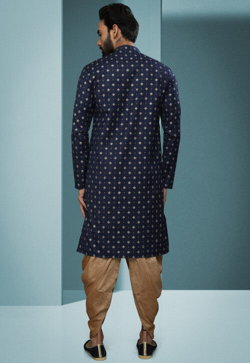 Printed Cotton Dhoti Kurta in Navy Blue