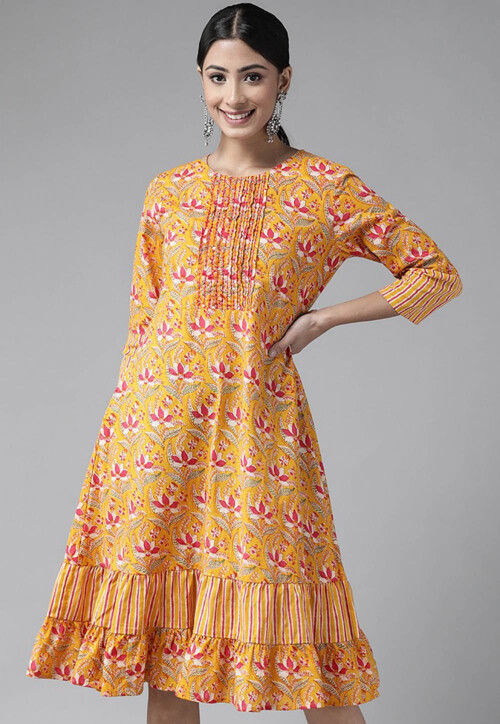 Pastel orange foil printed flared dress by The Anarkali Shop
