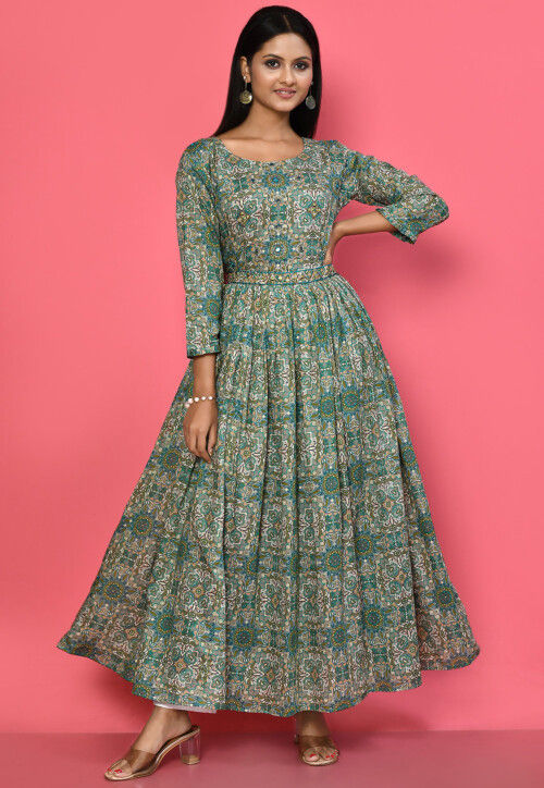 Printed Cotton Flared Dress in Grey and Multicolor