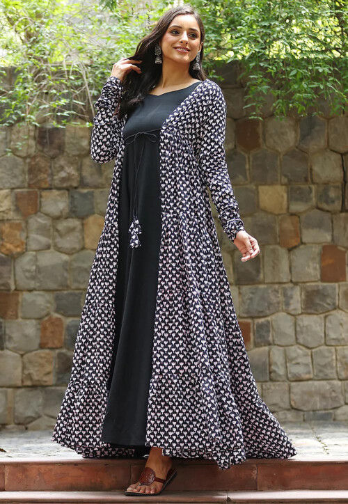 Printed Cotton Gown in Black : TQH27