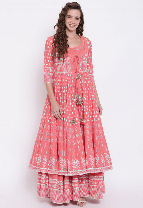 Mall cotton Beautiful floral print Gown with embroidery belt  Roshni  Boutique
