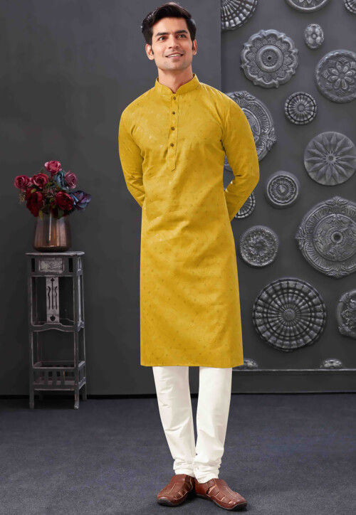 Printed Cotton Jacquard Kurta Set in Mustard