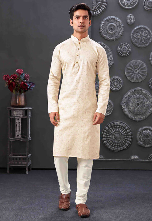 Printed Cotton Jacquard Kurta Set in Off White