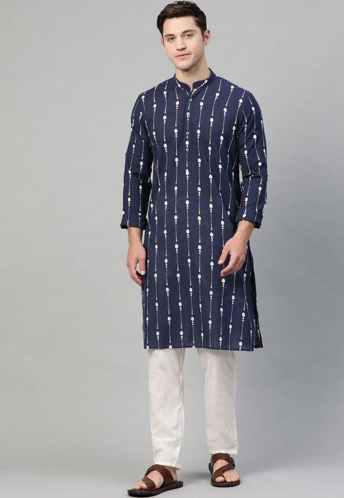 Printed Cotton Kurta in Navy Blue
