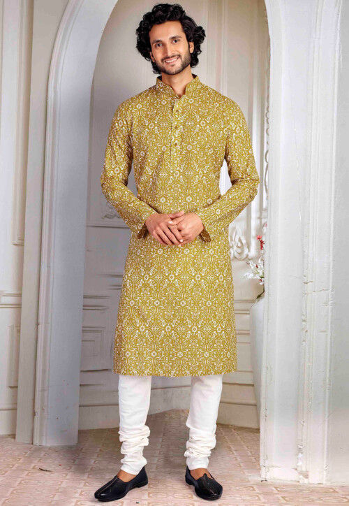 Printed Cotton Kurta in Olive Green