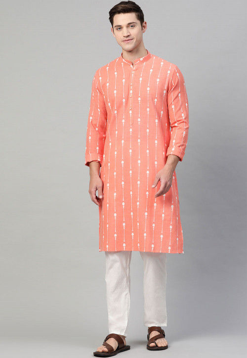 Printed Cotton Kurta in Peach