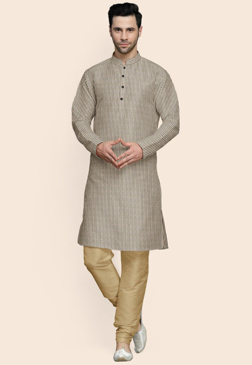 Printed Cotton Kurta Set in Beige and Grey
