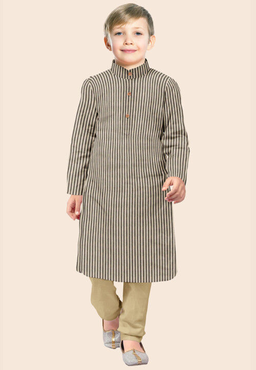 Printed Cotton Kurta Set in Beige and Grey