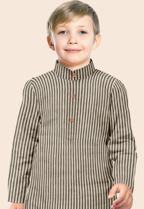Printed Cotton Kurta Set in Beige and Grey