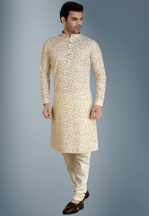 Printed Cotton Kurta Set in Cream