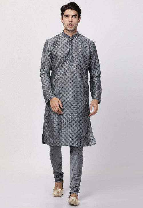 Printed Cotton Kurta Set in Grey