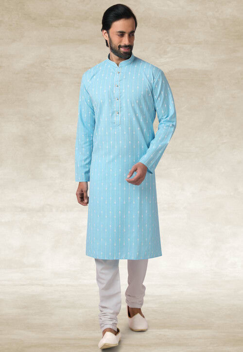 Printed Cotton Kurta Set in Light Blue