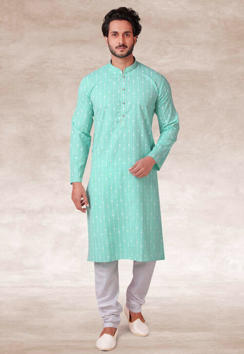 Printed Cotton Kurta Set in Light Blue