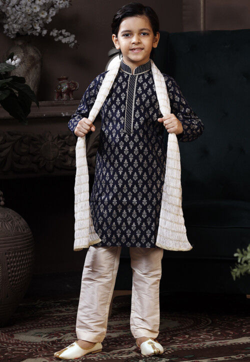 Printed Cotton Kurta Set in Navy Blue
