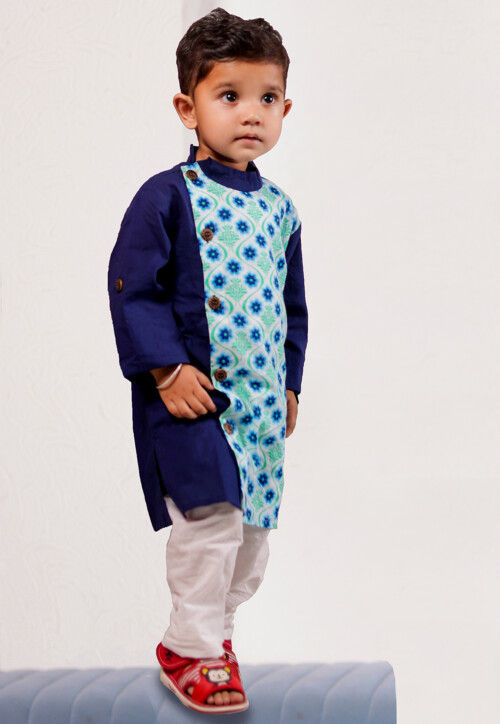 Printed Cotton Kurta Set in Navy Blue