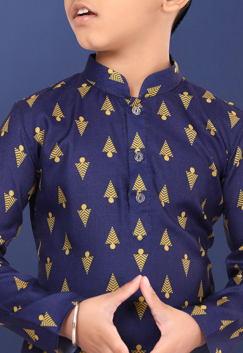 Printed Cotton Kurta Set in Navy Blue