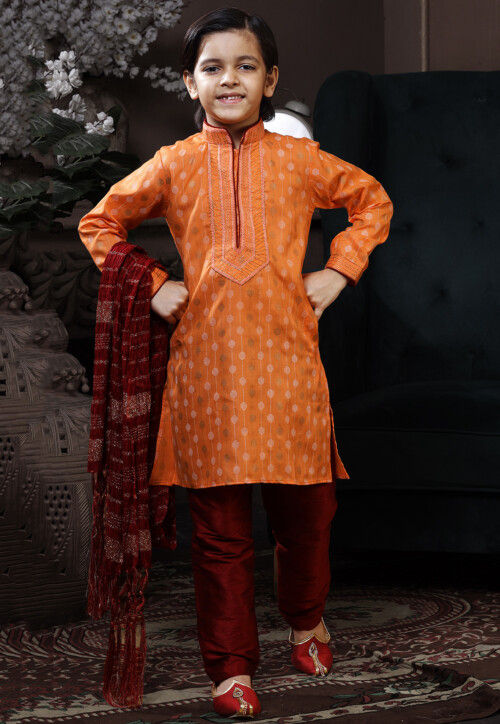 Printed Cotton Kurta Set in Orange