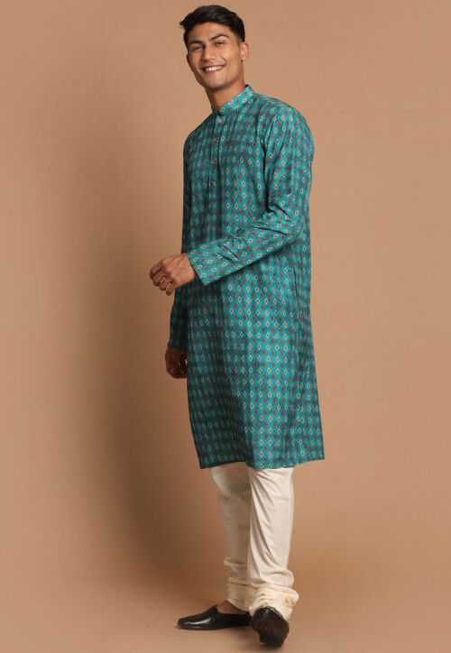 Printed Cotton Kurta Set in Teal Blue