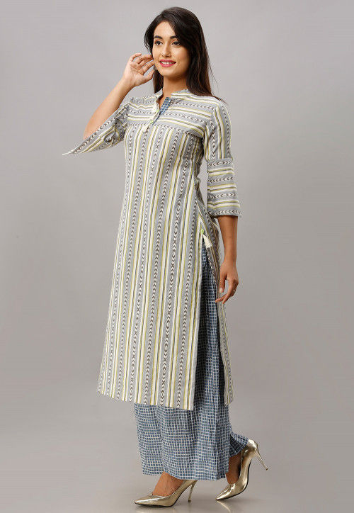 Printed Cotton Kurta with Palazzo in Off White and Grey : TUH1