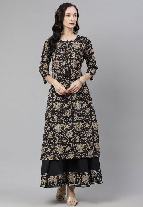 Printed Cotton Kurta with Palazzo in Black