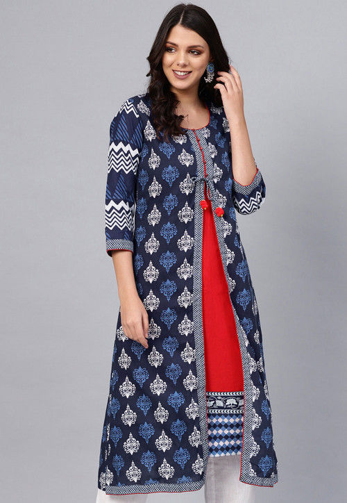 Printed Cotton Layered Kurta in Navy Blue and Red