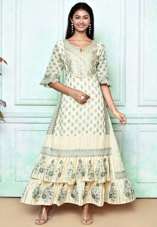 Printed Cotton Layered Kurta in Off White