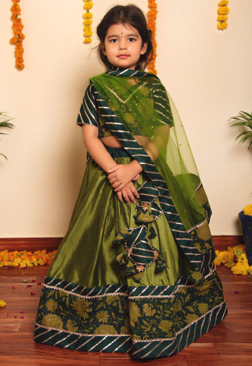 Printed Cotton Lehenga in in Olive Green