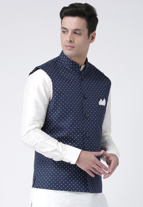 Printed Cotton Linen Nehru Jacket in Navy Blue : MHT209