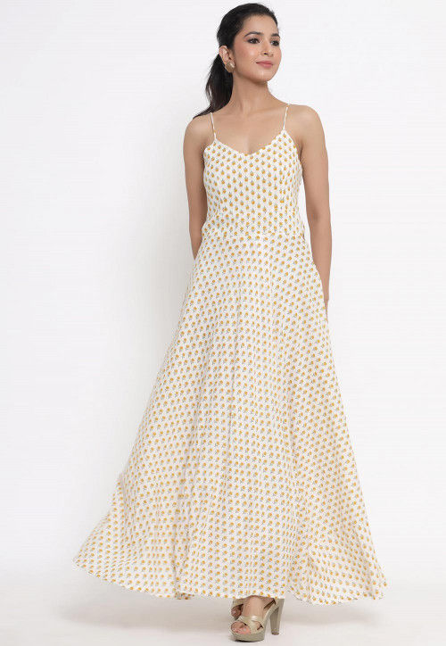 Printed Cotton Maxi Dress in Off White