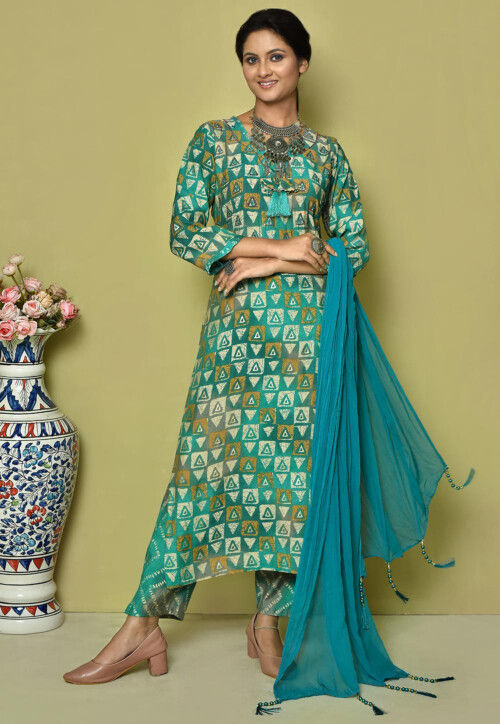 Printed Cotton Muslin Pakistani Suit in Blue and Multicolor