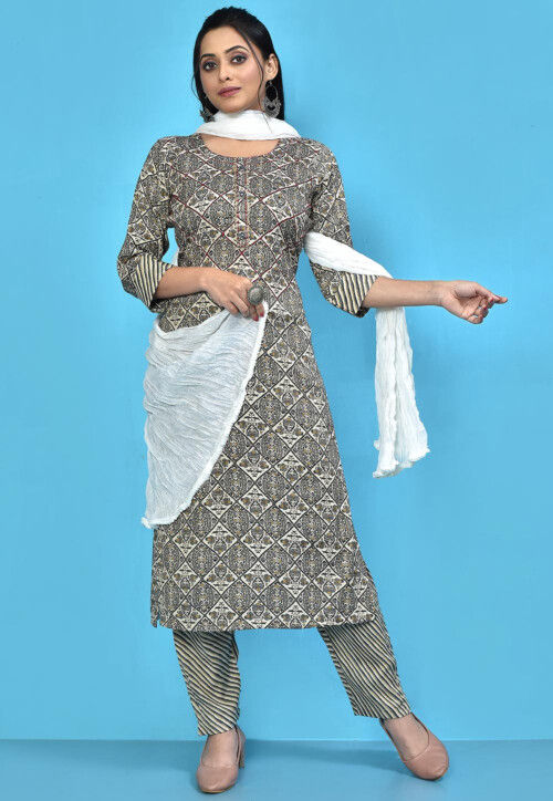 Printed Cotton Muslin Pakistani Suit in Light Beige