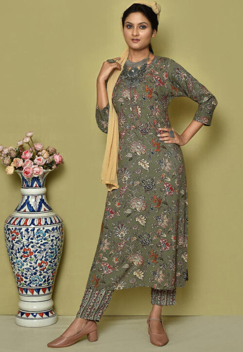 Printed Cotton Muslin Pakistani Suit in Olive Green