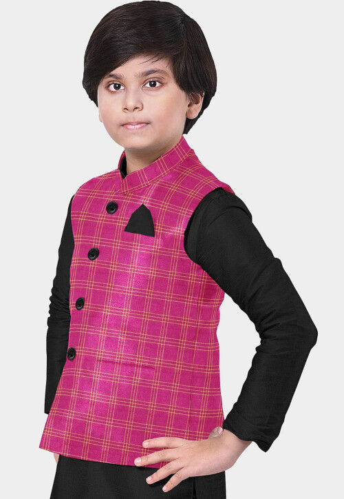 Printed Cotton Nehru Jacket in Fuchsia