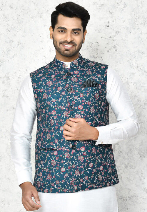 White indigo elephant motifs printed nehru jacket available only at  Pernia's Pop Up Shop. 2024