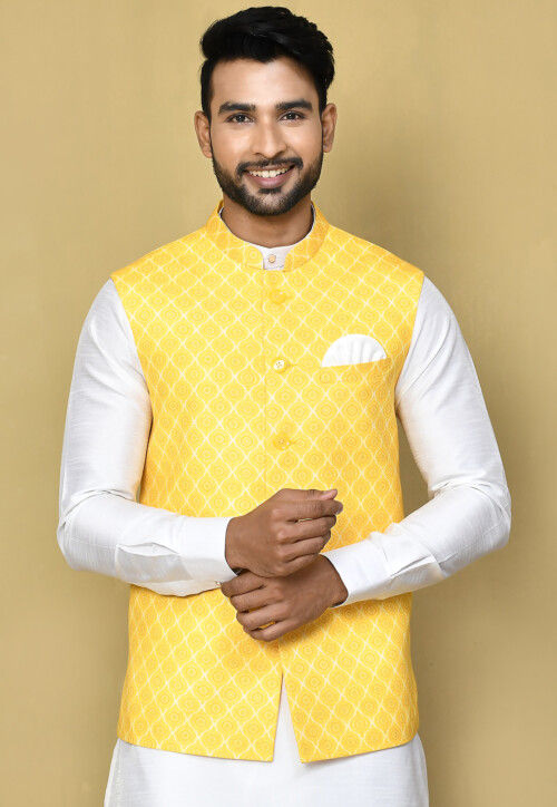 Printed Cotton Nehru Jacket in Yellow MNK339