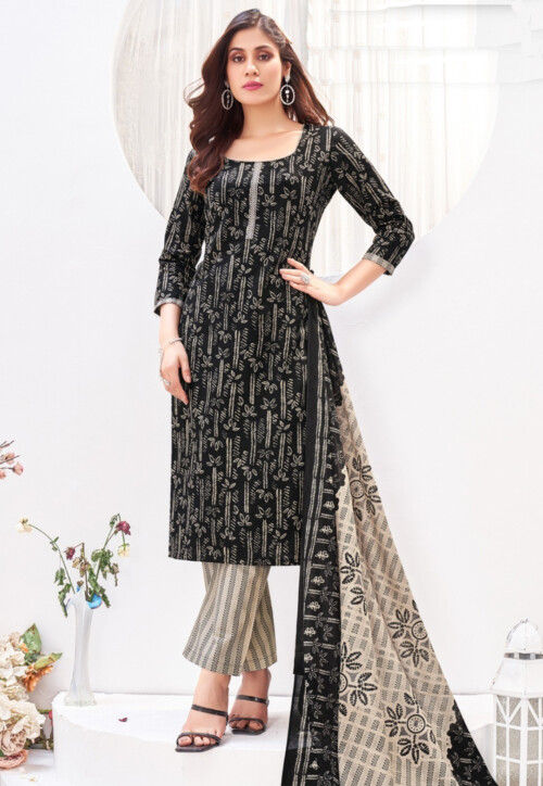 Printed Cotton Pakistani Suit in Black